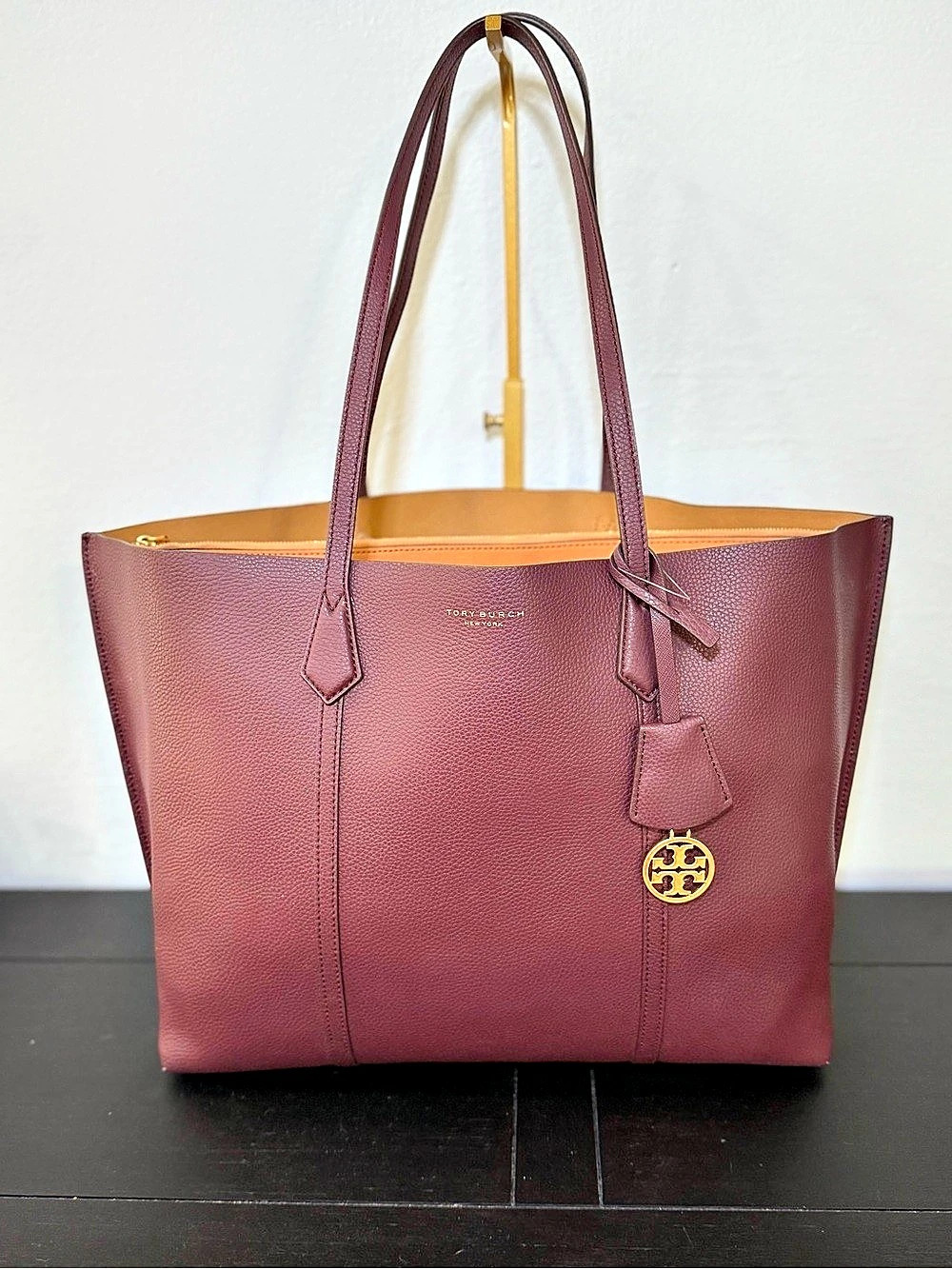 Tory Burch Perry Triple-Compartment Tote Burgundy and Brown Leather  Like New